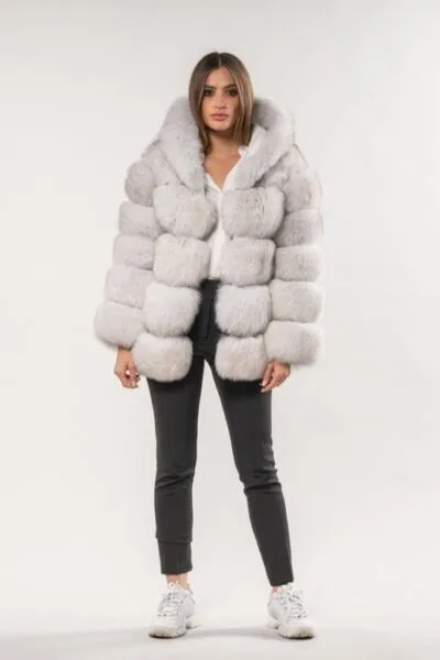 Hooded White Fox Fur Jacket