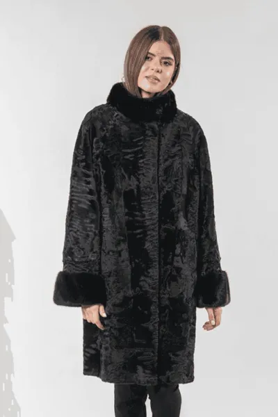 Luxe Mink Detailed Astrakhan Fur Coat