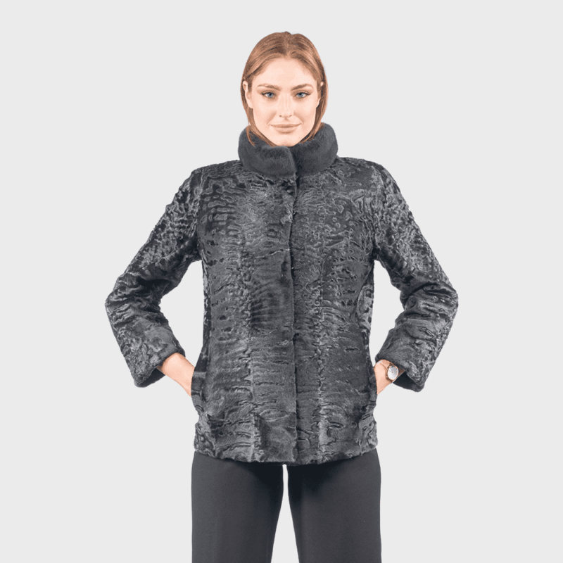 Mink Collar Grey Astrakhan Fur Jacket