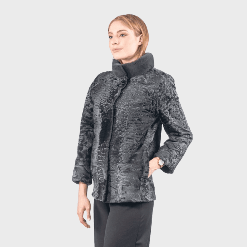 Mink Collar Grey Astrakhan Fur Jacket - Image 2