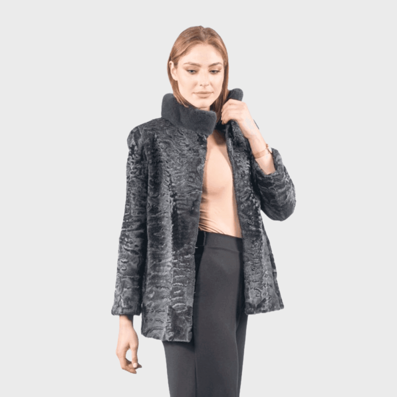 Mink Collar Grey Astrakhan Fur Jacket - Image 3