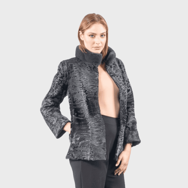 Mink Collar Grey Astrakhan Fur Jacket - Image 4