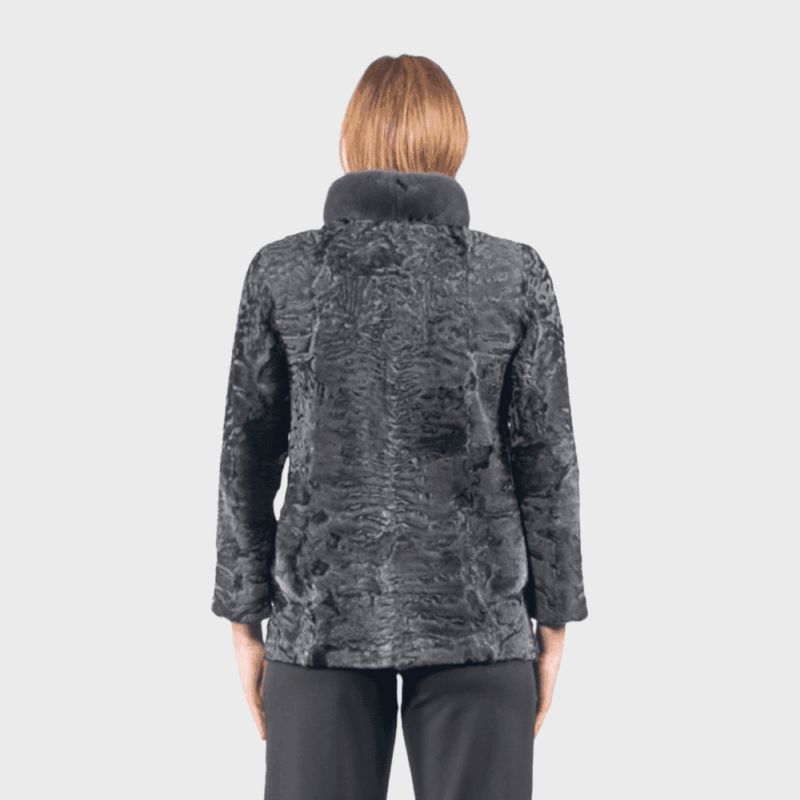 Mink Collar Grey Astrakhan Fur Jacket - Image 5